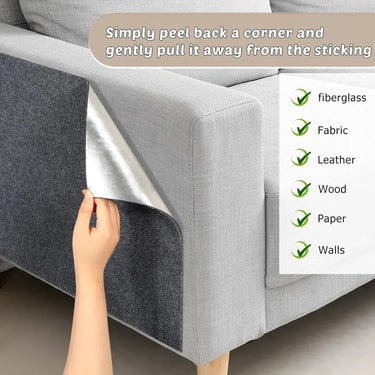 A hand peels a KittyNook Cat Co. Self-Adhesive Cat Scratching Board off a sofa; text lists fabric, leather, wood.